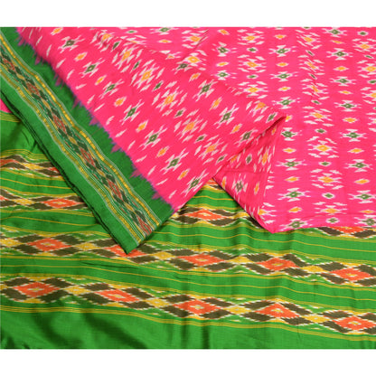 Sanskriti Vintage Saree Pink Pochampally Hand Woven Ikat Pure Silk Sari Fabric