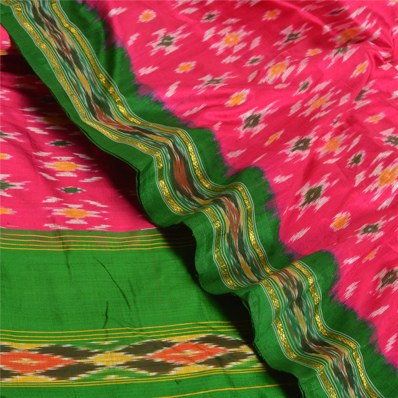 Sanskriti Vintage Sari 100% Pure Silk Saree Pink & Green Pochampally Hand Woven Ikat 5yd Craft Fabric Decor, Women Floral Outfit, Scrap