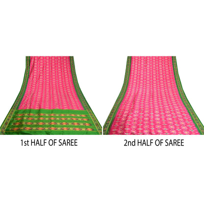 Sanskriti Vintage Saree Pink Pochampally Hand Woven Ikat Pure Silk Sari Fabric