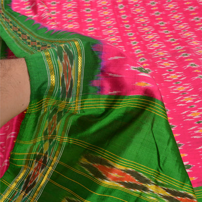Sanskriti Vintage Saree Pink Pochampally Hand Woven Ikat Pure Silk Sari Fabric
