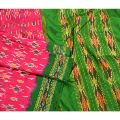 Sanskriti Vintage Saree Pink Pochampally Hand Woven Ikat Pure Silk Sari Fabric
