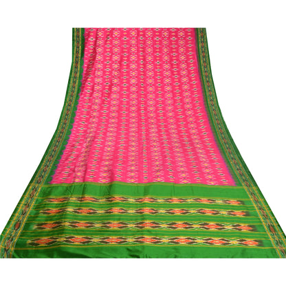 Sanskriti Vintage Saree Pink Pochampally Hand Woven Ikat Pure Silk Sari Fabric