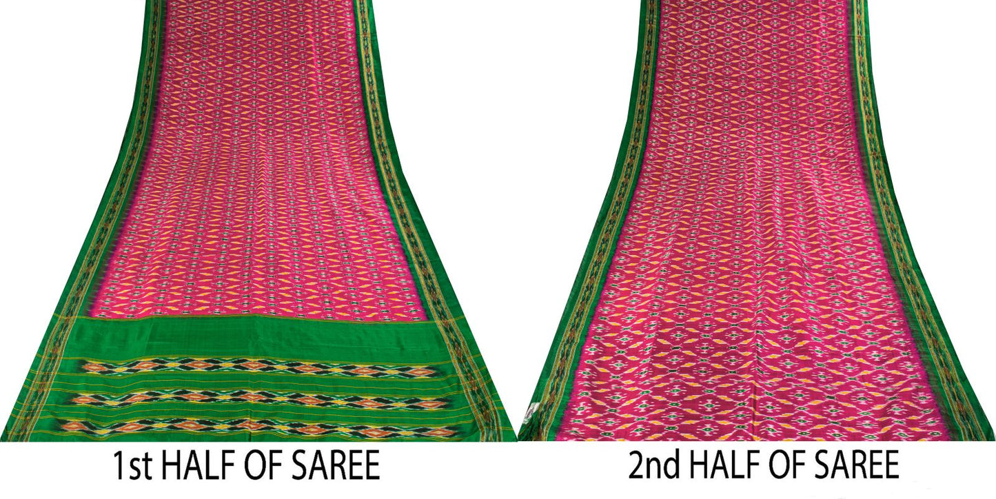 Sanskriti Vintage Pink 100% Pure Silk Saree Ikat Handwoven Pochampally 5+Yd Sari