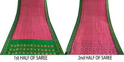 Sanskriti Vintage Pink 100% Pure Silk Saree Ikat Handwoven Pochampally 5+Yd Sari