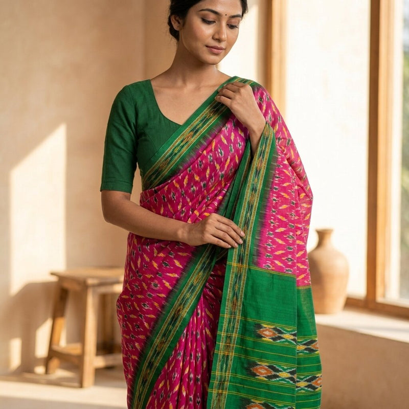 Sanskriti Vintage Pink 100% Pure Silk Saree Ikat Handwoven Pochampally 5+Yd Sari