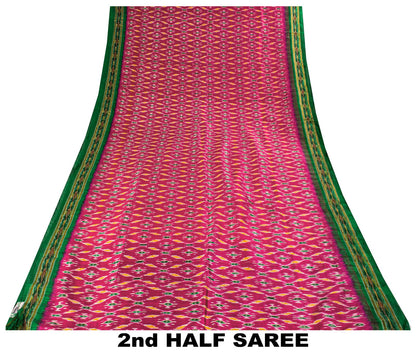 Sanskriti Vintage Pink 100% Pure Silk Saree Ikat Handwoven Pochampally 5+Yd Sari