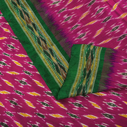 Sanskriti Vintage Pink 100% Pure Silk Saree Ikat Handwoven Pochampally 5+Yd Sari