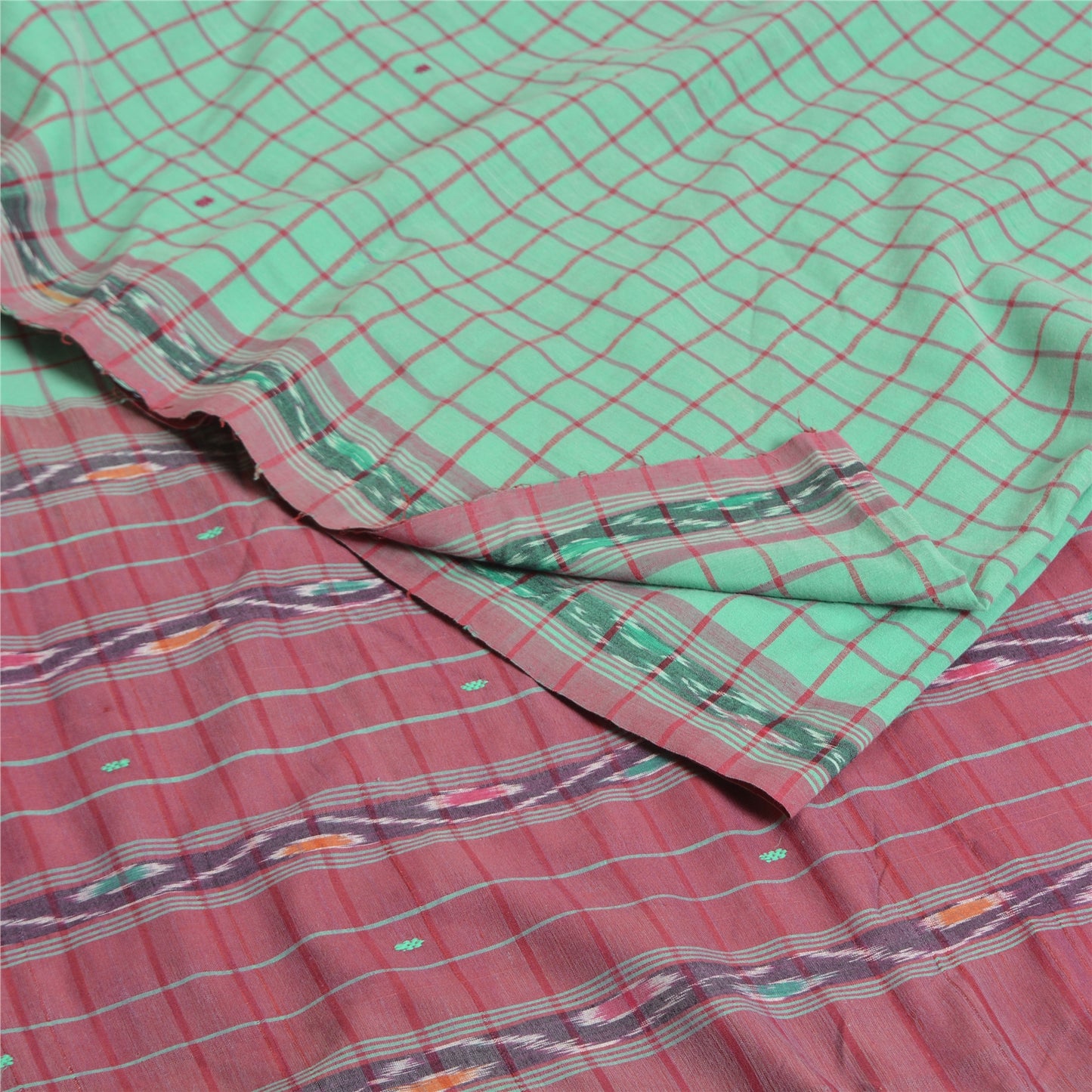 Sanskriti Vintage Saree Green 100% Pure Cotton 6 Yard Sari Odisha Hand Woven Ikat Fabric Decor, Sewing, DIY Projects,Upcycling, Recycling