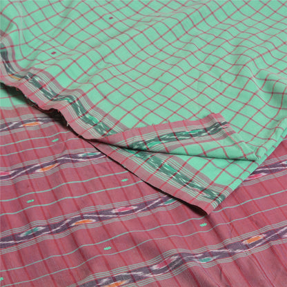 Sanskriti Vintage Saree Green 100% Pure Cotton 6 Yard Sari Odisha Hand Woven Ikat Fabric Decor, Sewing, DIY Projects,Upcycling, Recycling