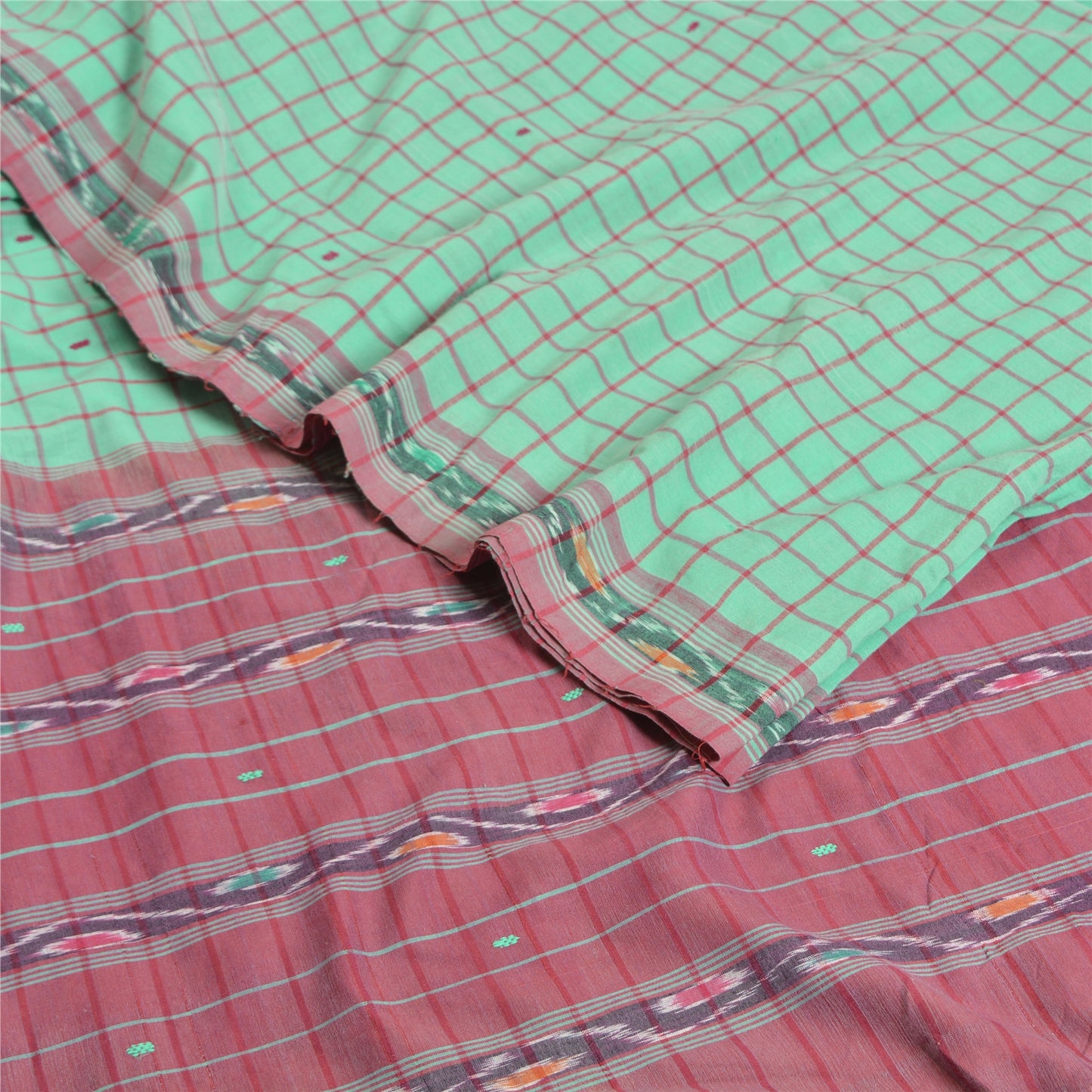 Sanskriti Vintage Saree Green 100% Pure Cotton 6 Yard Sari Odisha Hand Woven Ikat Fabric Decor, Sewing, DIY Projects,Upcycling, Recycling