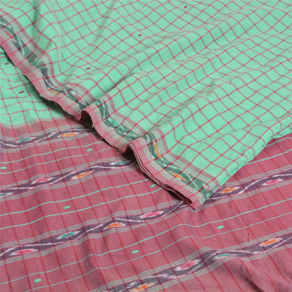 Sanskriti Vintage Saree Green 100% Pure Cotton 6 Yard Sari Odisha Hand Woven Ikat Fabric Decor, Sewing, DIY Projects,Upcycling, Recycling