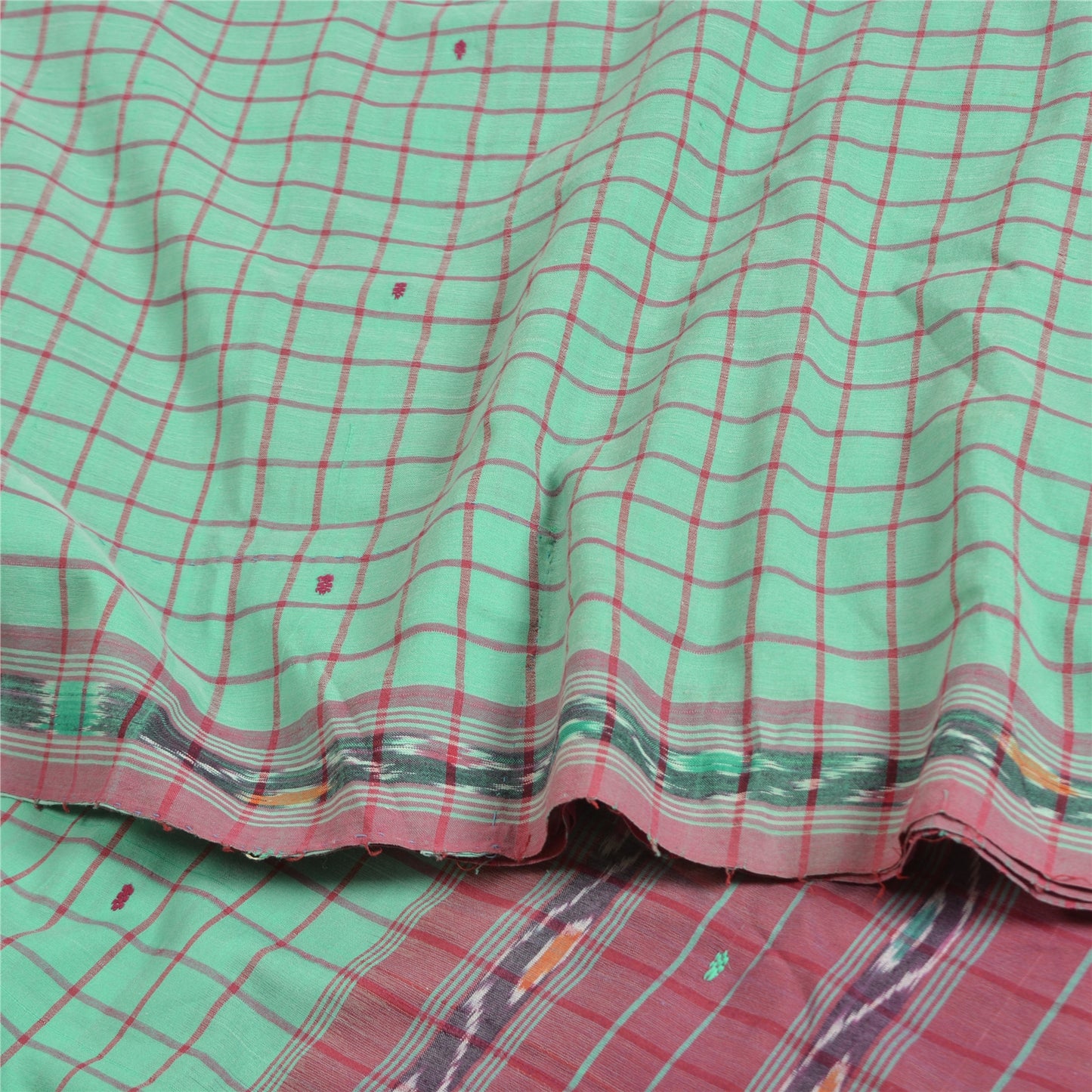 Sanskriti Vintage Saree Green 100% Pure Cotton 6 Yard Sari Odisha Hand Woven Ikat Fabric Decor, Sewing, DIY Projects,Upcycling, Recycling