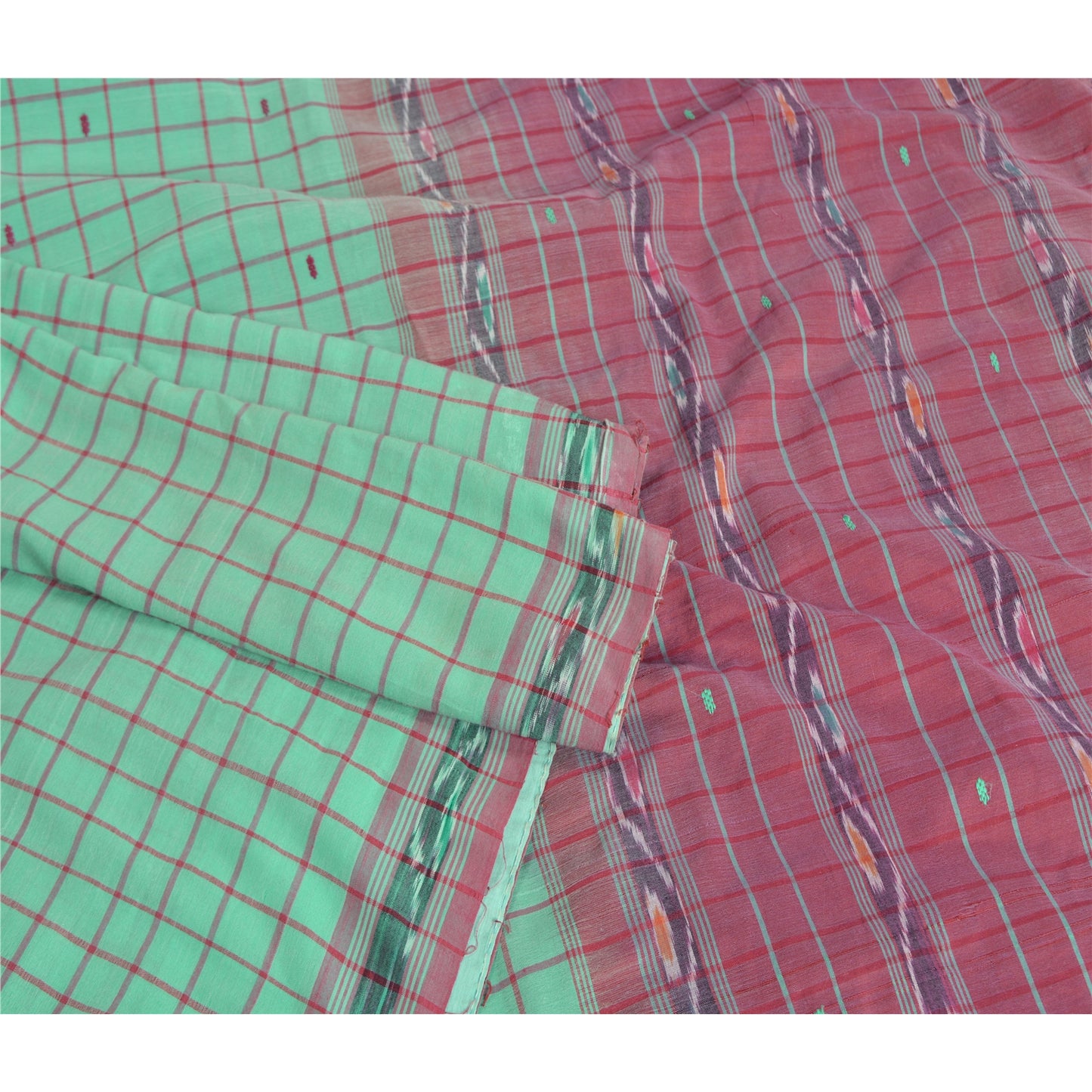 Sanskriti Vintage Saree Green 100% Pure Cotton 6 Yard Sari Odisha Hand Woven Ikat Fabric Decor, Sewing, DIY Projects,Upcycling, Recycling