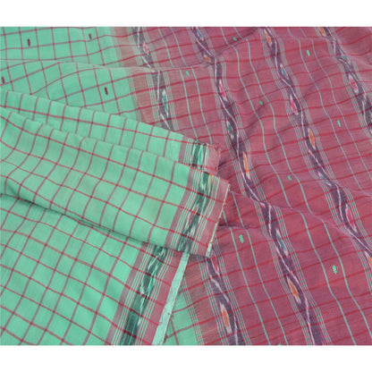 Sanskriti Vintage Saree Green 100% Pure Cotton 6 Yard Sari Odisha Hand Woven Ikat Fabric Decor, Sewing, DIY Projects,Upcycling, Recycling