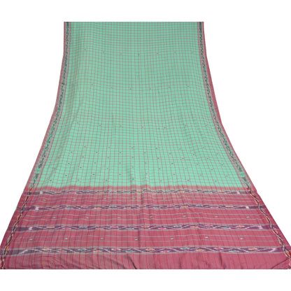 Sanskriti Vintage Saree Green 100% Pure Cotton 6 Yard Sari Odisha Hand Woven Ikat Fabric Decor, Sewing, DIY Projects,Upcycling, Recycling