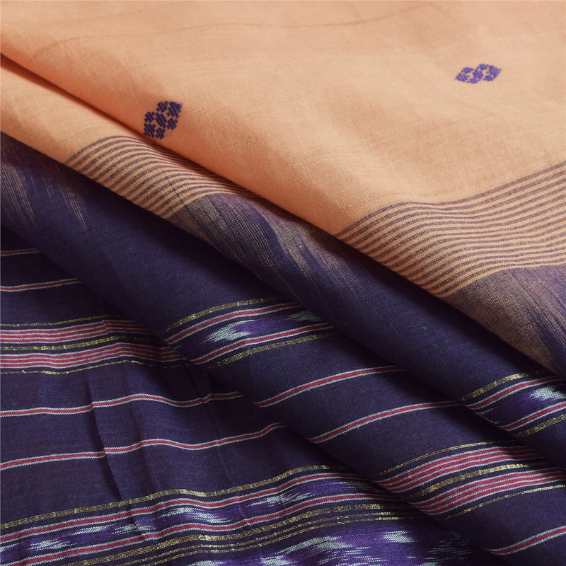 Sanskriti Vintage Saree Saree Peach-Blue Odisha Hand Woven Ikat Handloom 100% Pure Cotton Sari 5+Yd Craft Fabric Indian Heritage Textile