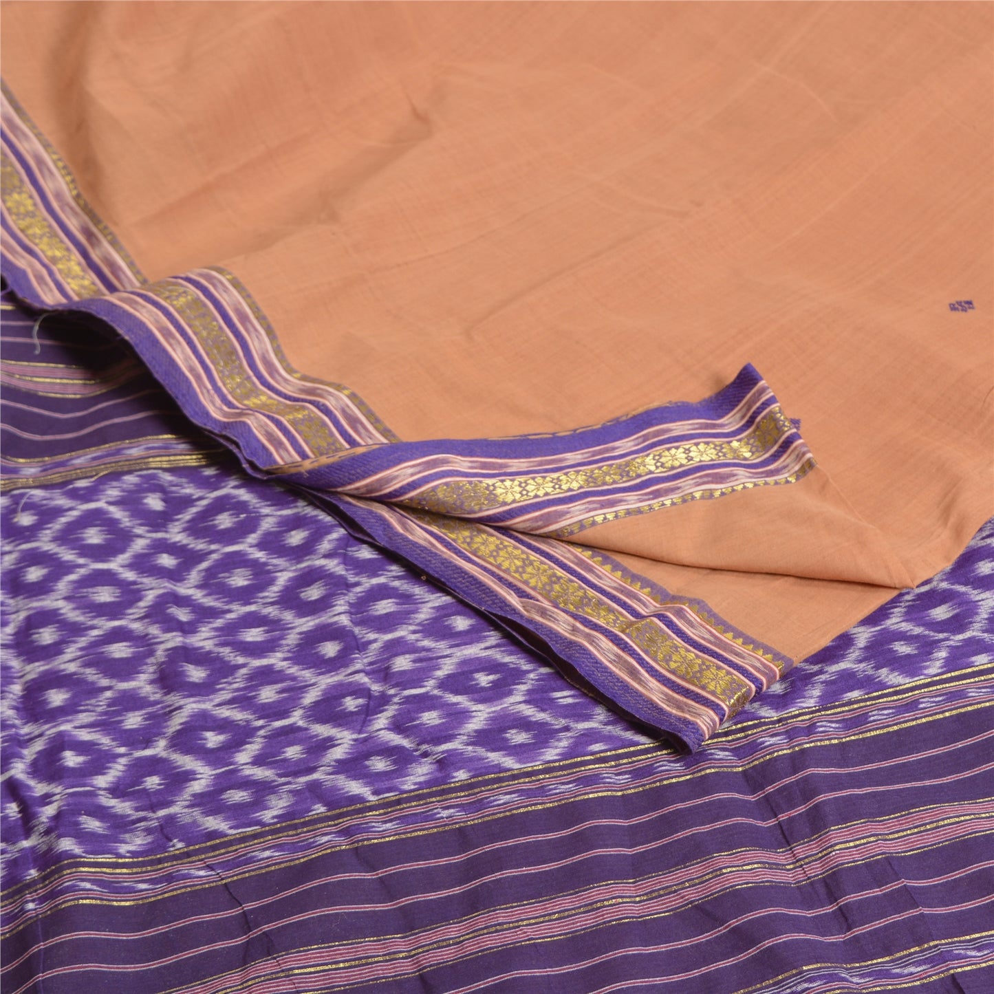 Sanskriti Vintage Saree Saree Peach-Blue Odisha Hand Woven Ikat Handloom 100% Pure Cotton Sari 5+Yd Craft Fabric Indian Heritage Textile
