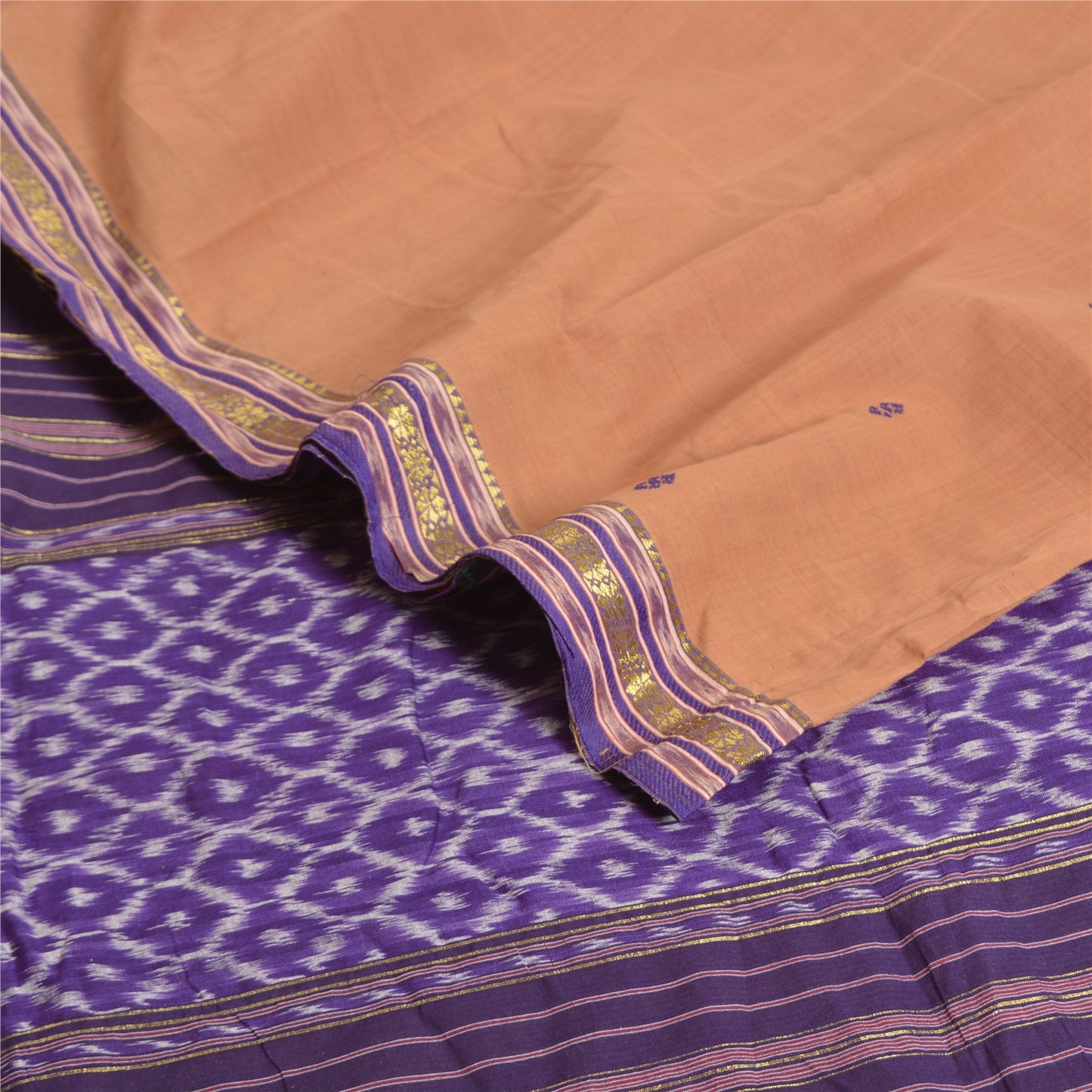Sanskriti Vintage Saree Saree Peach-Blue Odisha Hand Woven Ikat Handloom 100% Pure Cotton Sari 5+Yd Craft Fabric Indian Heritage Textile