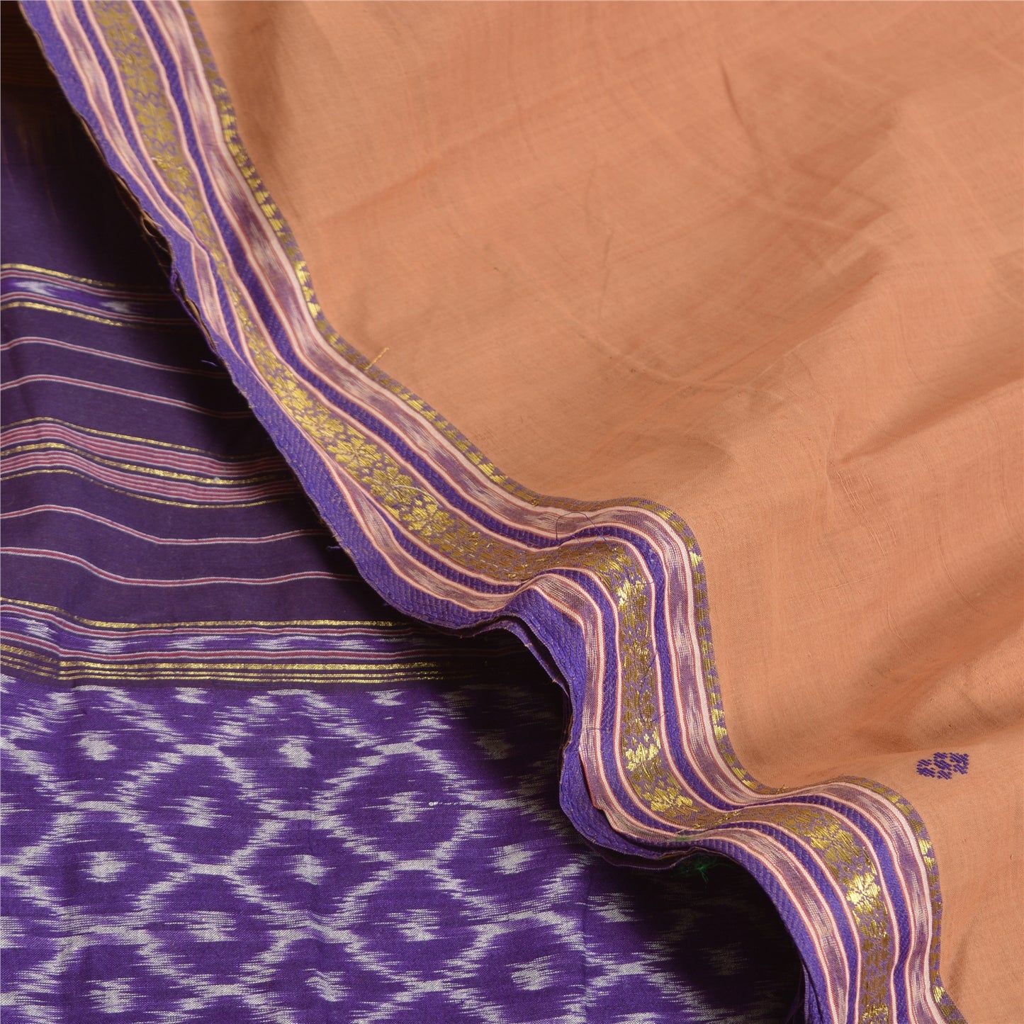 Sanskriti Vintage Saree Saree Peach-Blue Odisha Hand Woven Ikat Handloom 100% Pure Cotton Sari 5+Yd Craft Fabric Indian Heritage Textile