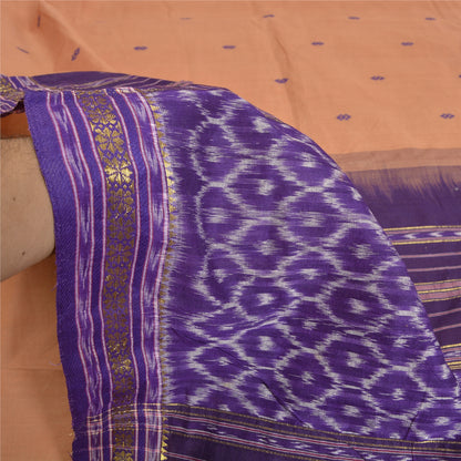Sanskriti Vintage Saree Saree Peach-Blue Odisha Hand Woven Ikat Handloom 100% Pure Cotton Sari 5+Yd Craft Fabric Indian Heritage Textile