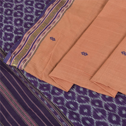 Sanskriti Vintage Saree Saree Peach-Blue Odisha Hand Woven Ikat Handloom 100% Pure Cotton Sari 5+Yd Craft Fabric Indian Heritage Textile
