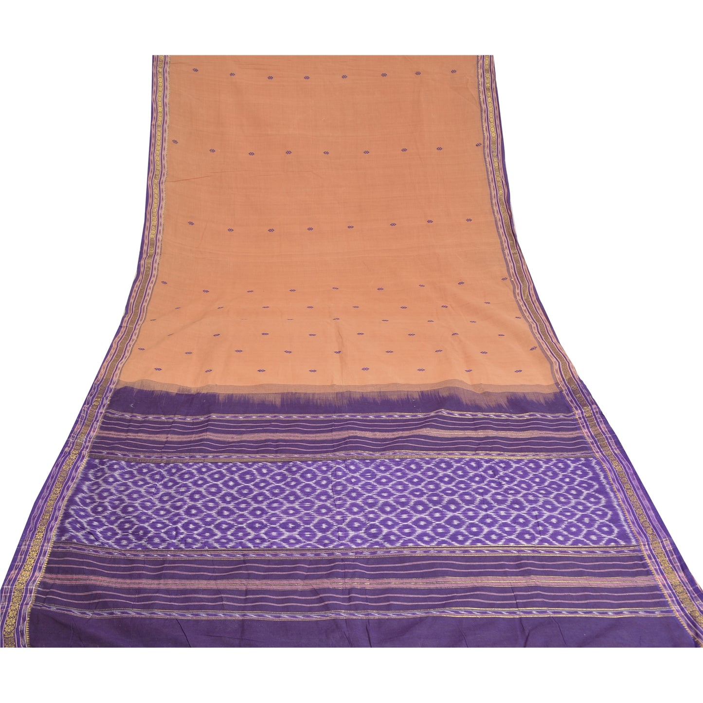 Sanskriti Vintage Saree Saree Peach-Blue Odisha Hand Woven Ikat Handloom 100% Pure Cotton Sari 5+Yd Craft Fabric Indian Heritage Textile