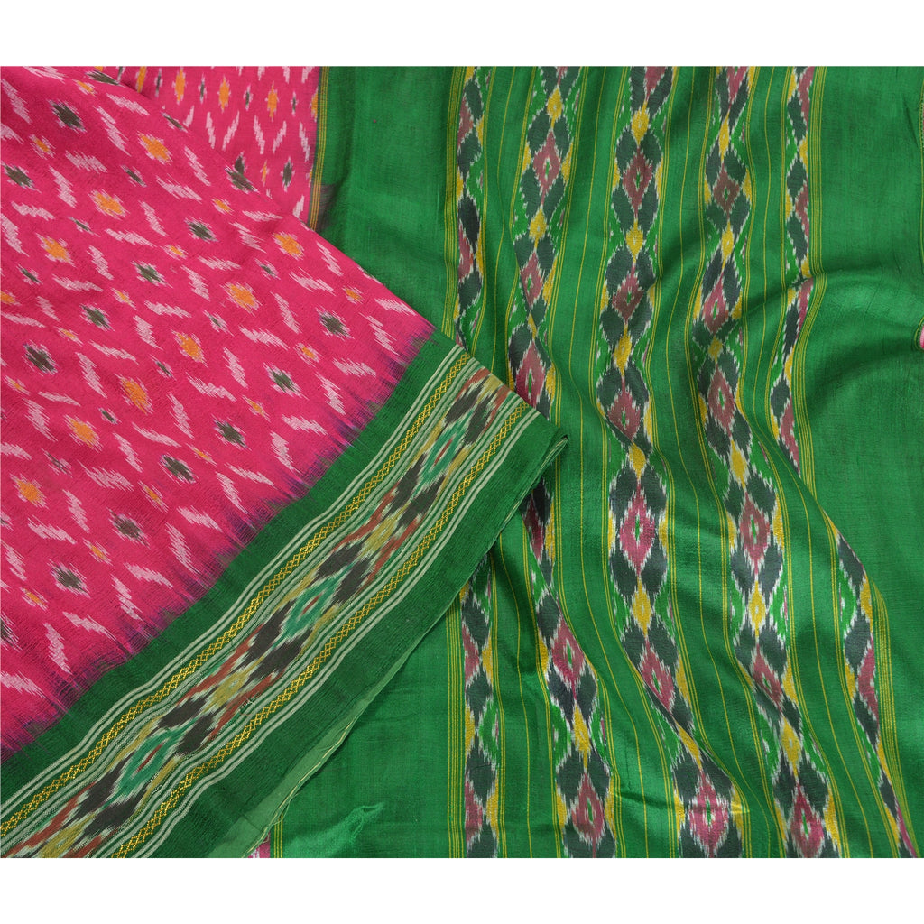 Sanskriti Vintage Saree Pink Sambhalpuri Hand Woven Ikat Pure Silk Sari Fabric