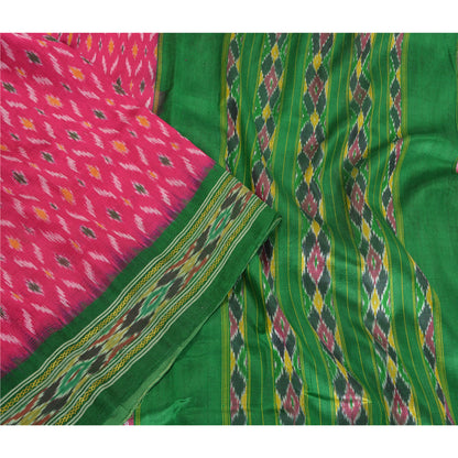 Sanskriti Vintage Saree Pink Sambhalpuri Hand Woven Ikat Pure Silk Sari Fabric
