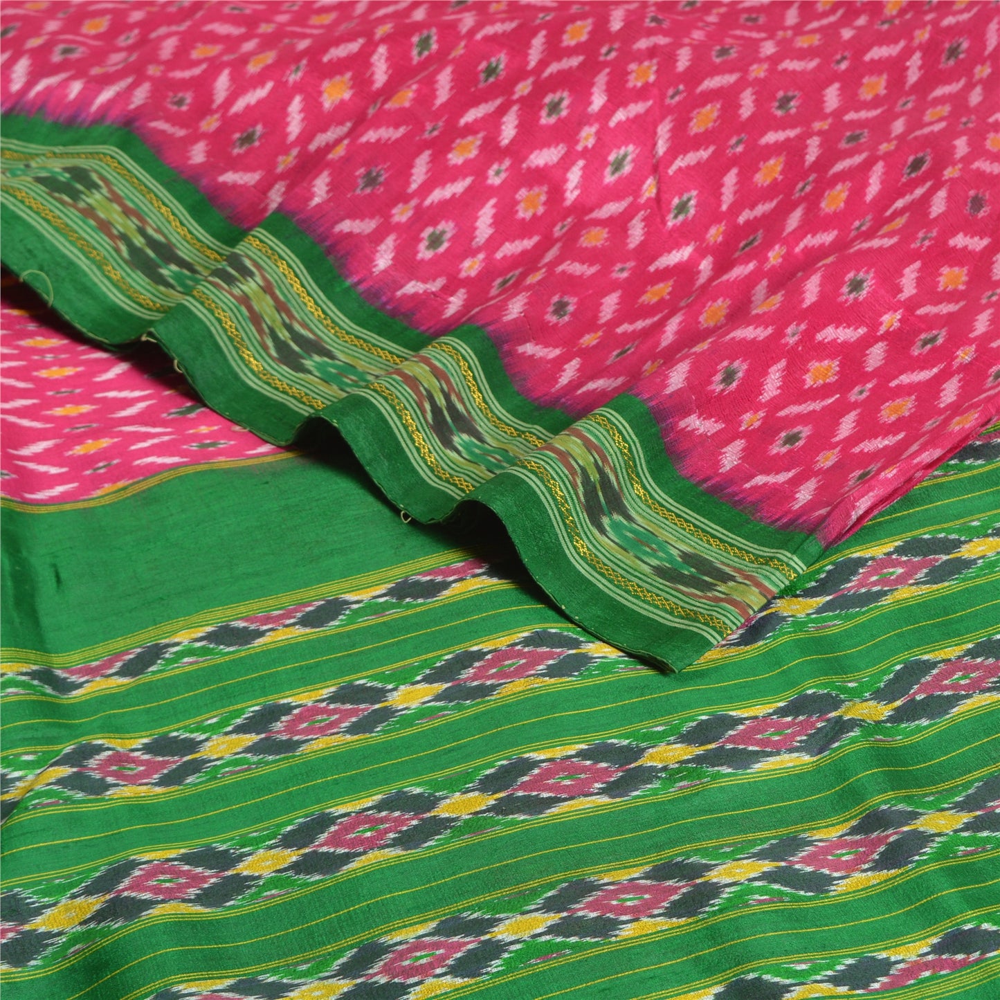 Sanskriti Vintage Saree Pink Sambhalpuri Hand Woven Ikat Pure Silk Sari Fabric
