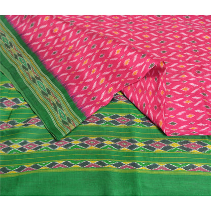 Sanskriti Vintage Saree Pink Sambhalpuri Hand Woven Ikat Pure Silk Sari Fabric