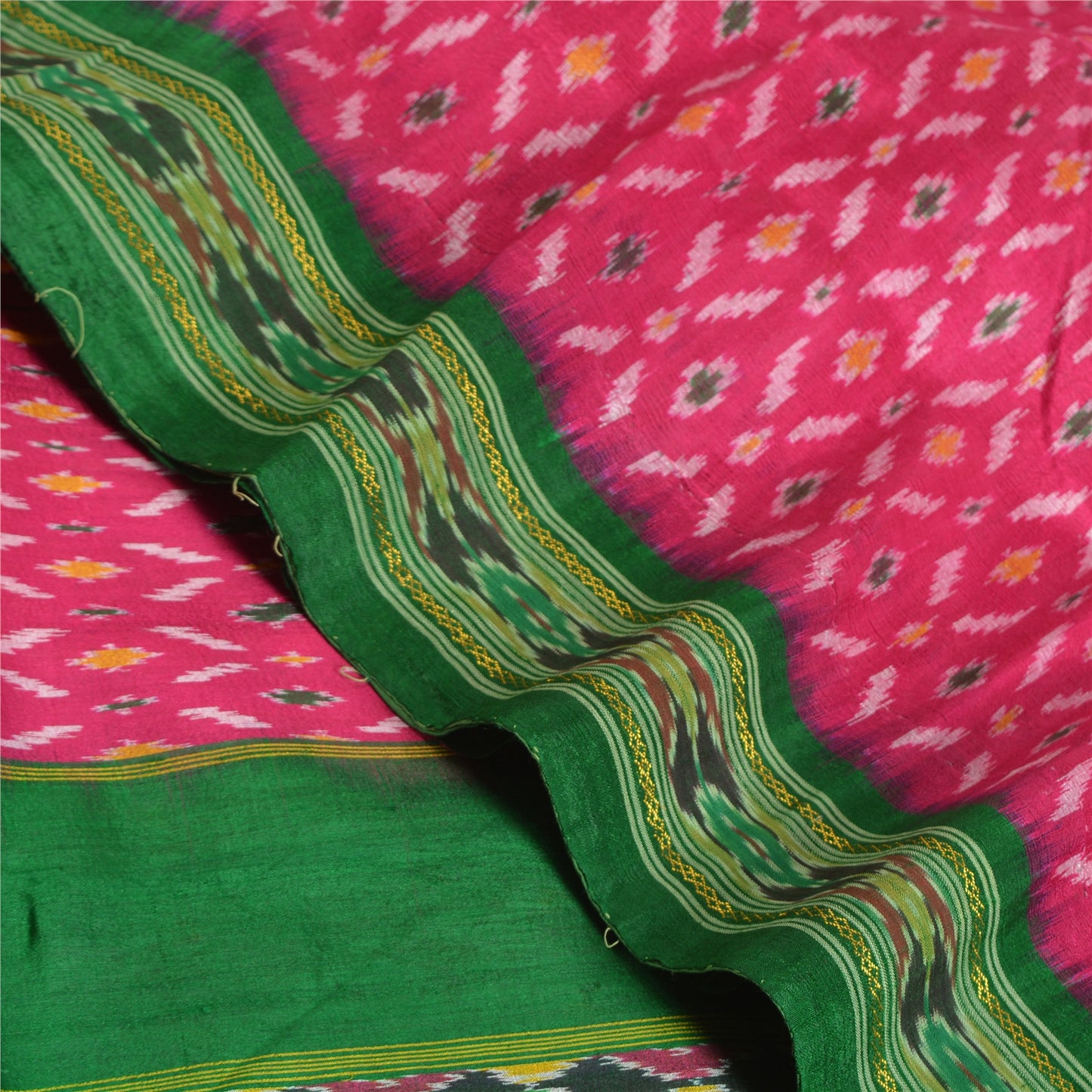 Sanskriti Vintage Saree Pink Sambhalpuri Hand Woven Ikat Pure Silk Sari Fabric