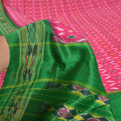 Sanskriti Vintage Saree Pink Sambhalpuri Hand Woven Ikat Pure Silk Sari Fabric