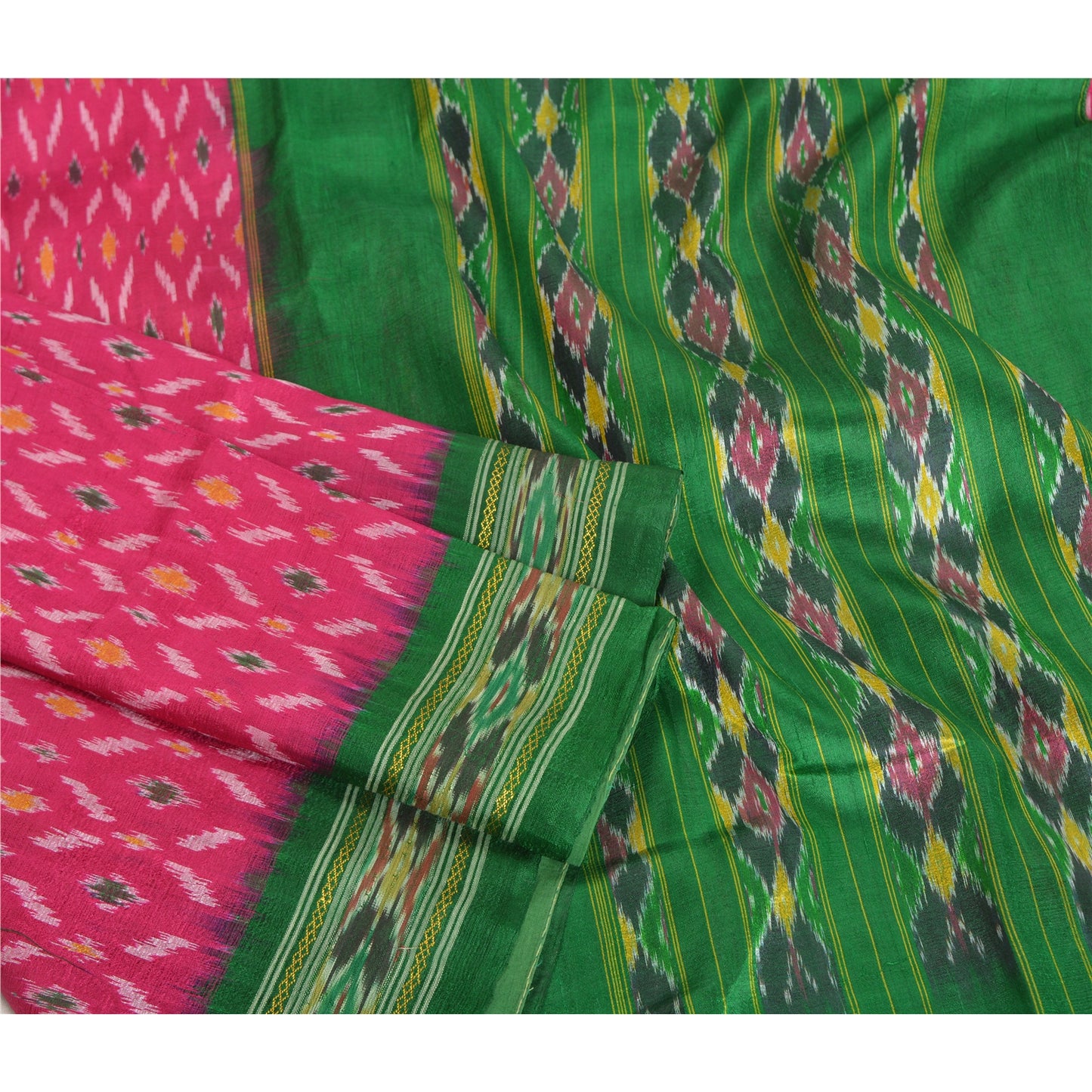 Sanskriti Vintage Saree Pink Sambhalpuri Hand Woven Ikat Pure Silk Sari Fabric