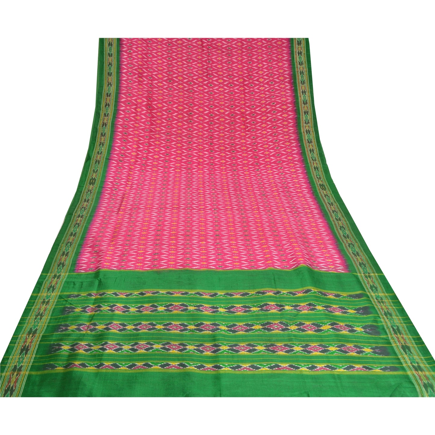 Sanskriti Vintage Saree Pink Sambhalpuri Hand Woven Ikat Pure Silk Sari Fabric
