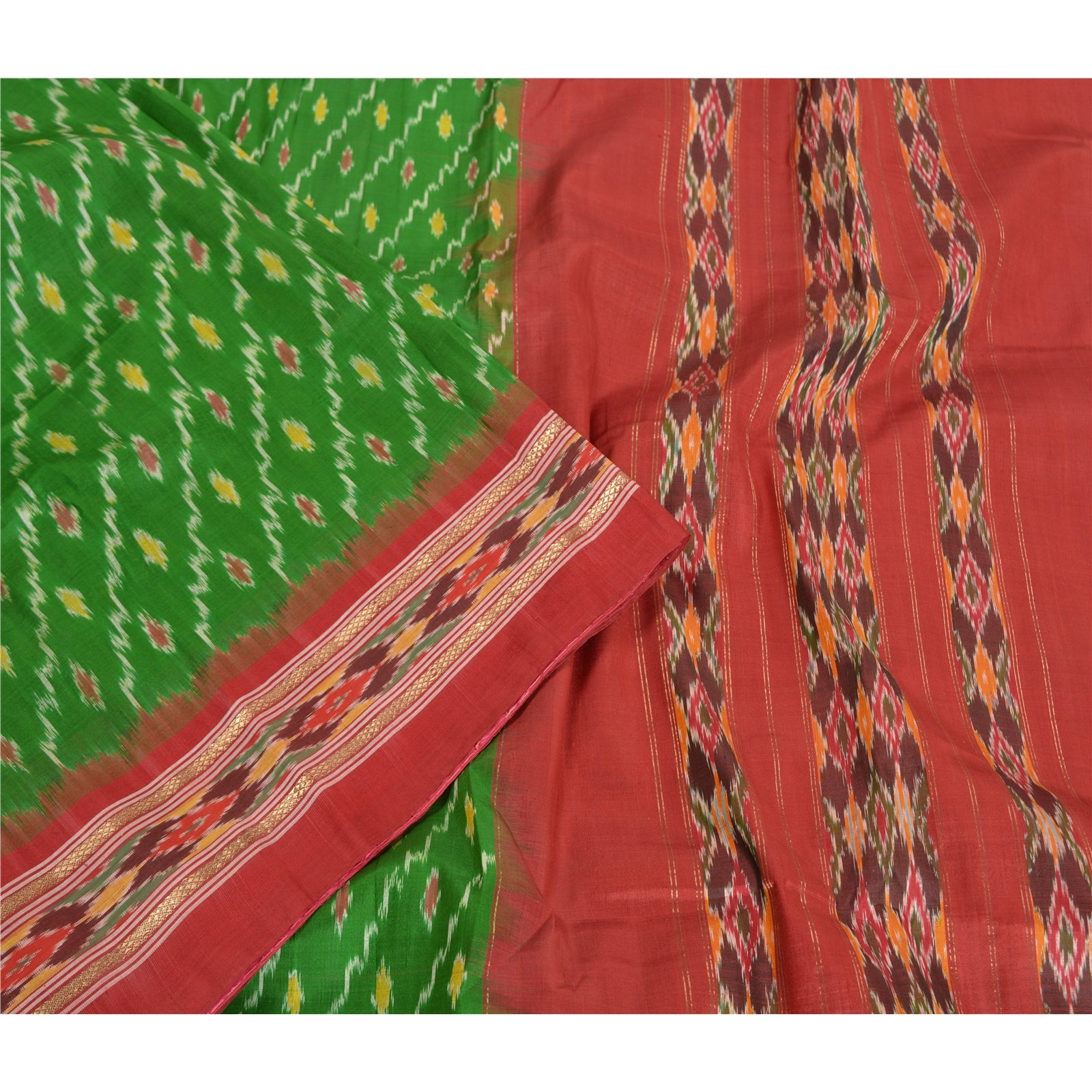 Sanskriti Vintage Saree Green Pochampally Hand Woven Ikat Pure Silk Sari Fabric