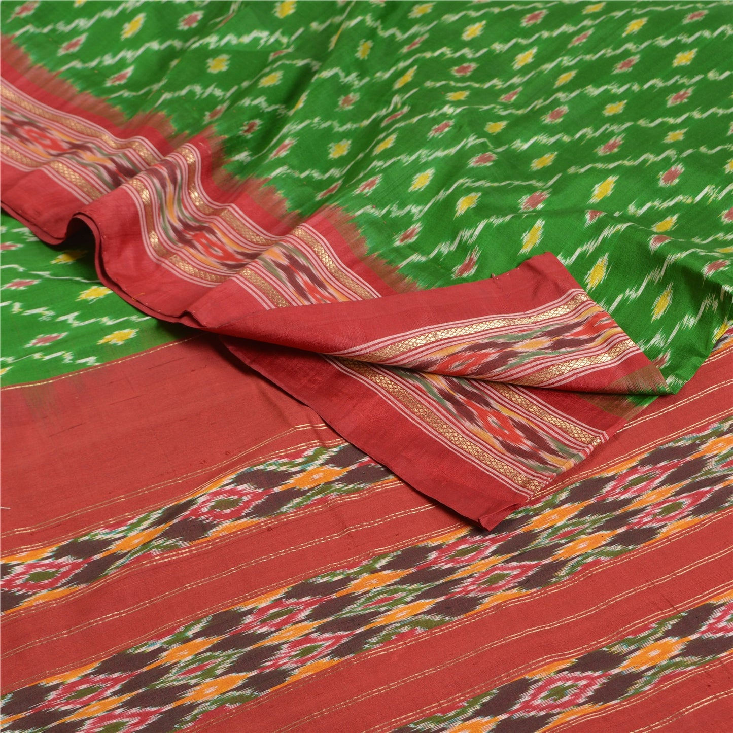 Sanskriti Vintage Saree Green Pochampally Hand Woven Ikat Pure Silk Sari Fabric