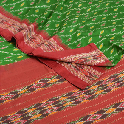 Sanskriti Vintage Saree Green Pochampally Hand Woven Ikat Pure Silk Sari Fabric