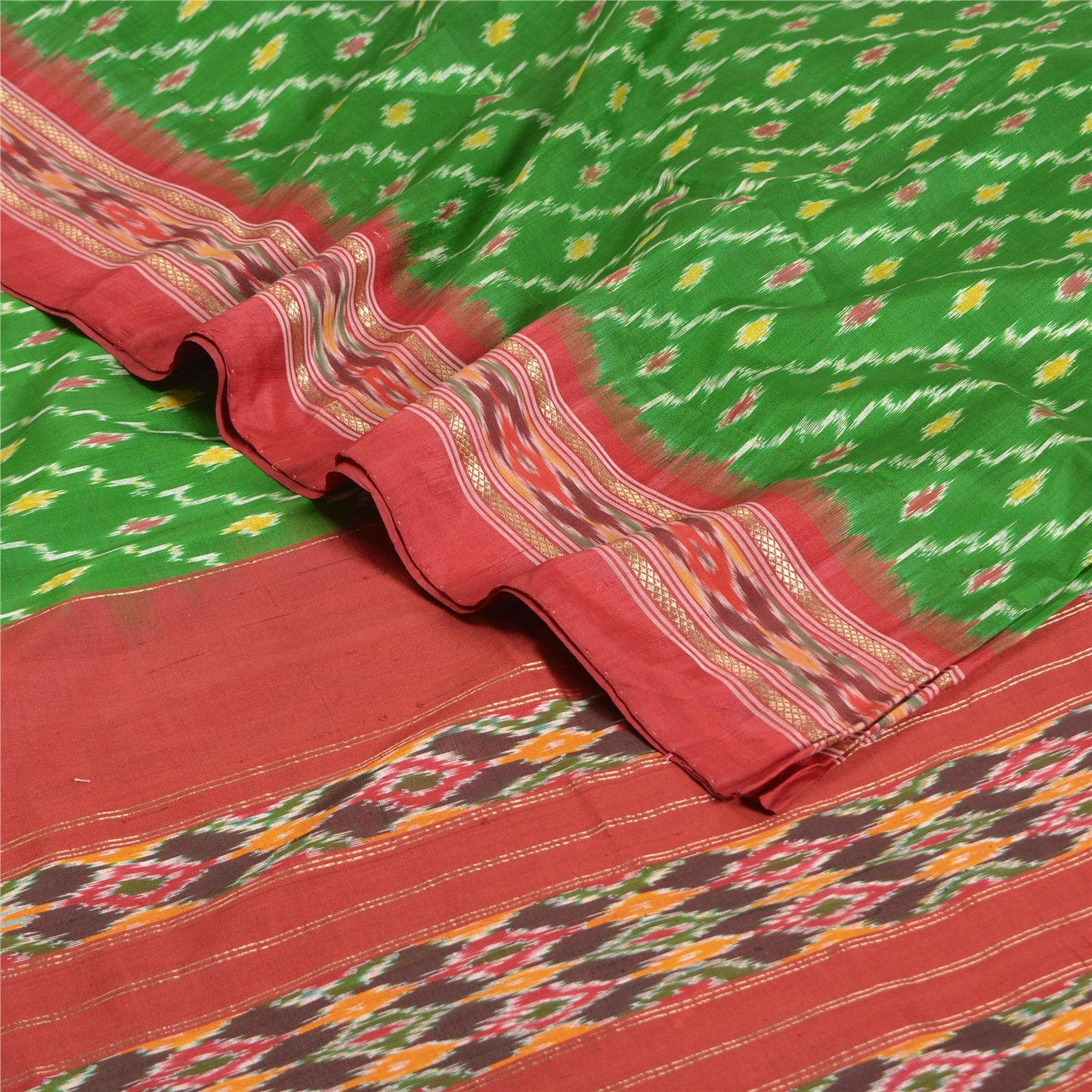 Sanskriti Vintage Saree Green Pochampally Hand Woven Ikat Pure Silk Sari Fabric