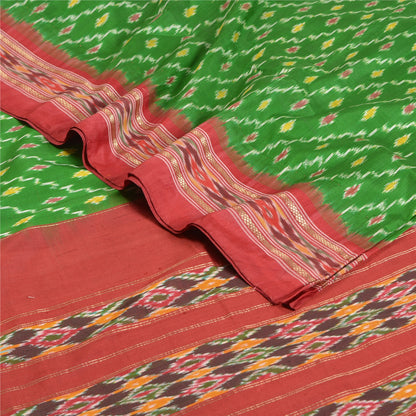 Sanskriti Vintage Saree Green Pochampally Hand Woven Ikat Pure Silk Sari Fabric
