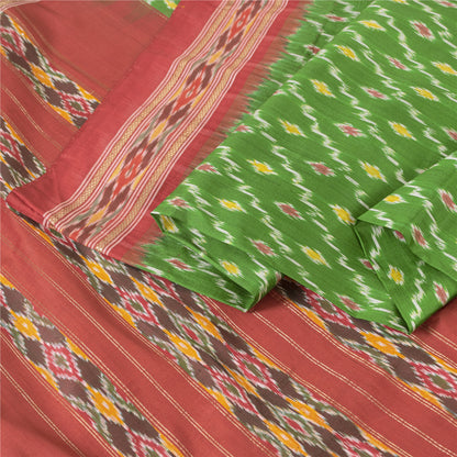 Sanskriti Vintage Saree Green Pochampally Hand Woven Ikat Pure Silk Sari Fabric
