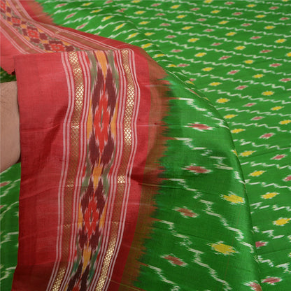 Sanskriti Vintage Saree Green Pochampally Hand Woven Ikat Pure Silk Sari Fabric