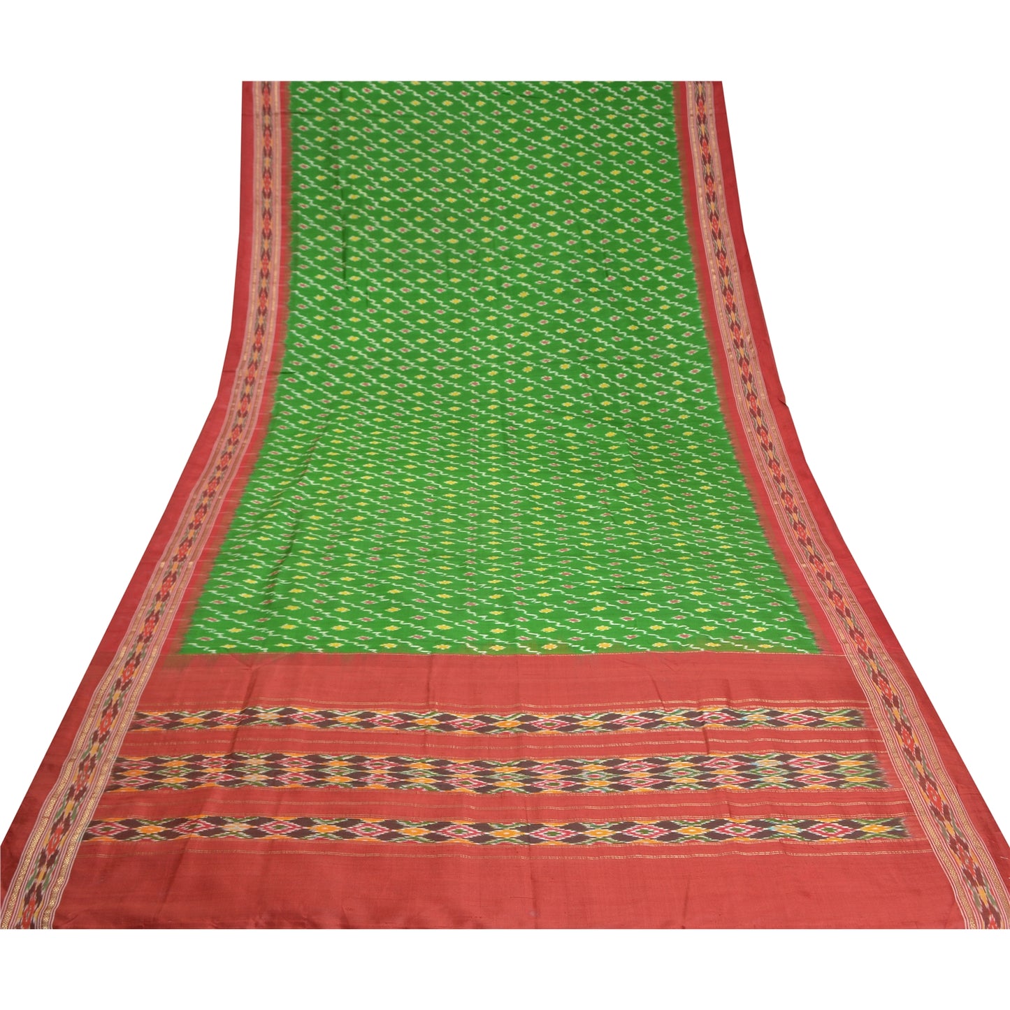 Sanskriti Vintage Saree Green Pochampally Hand Woven Ikat Pure Silk Sari Fabric