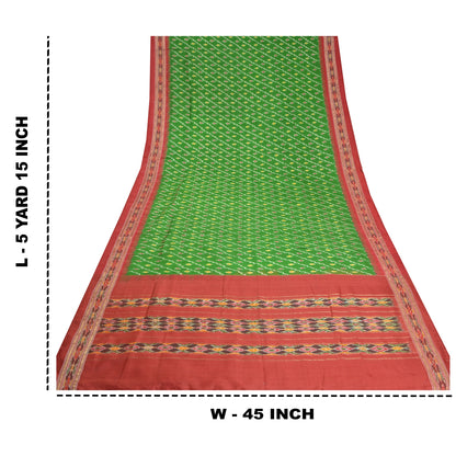 Sanskriti Vintage Saree Green Pochampally Hand Woven Ikat Pure Silk Sari Fabric