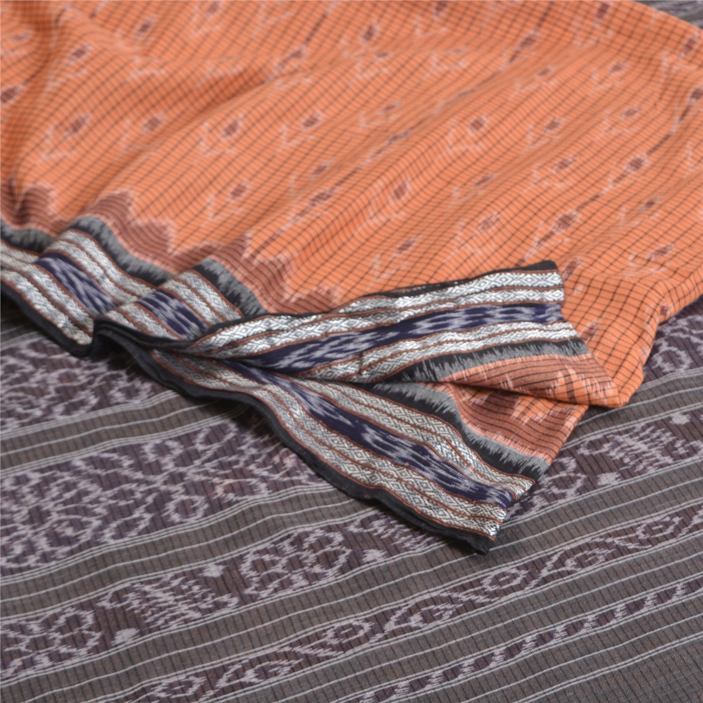 Sanskriti Vintage Saree Peach Odisha Hand Woven Ikat Blend Cotton Sari Sustainable Fabric