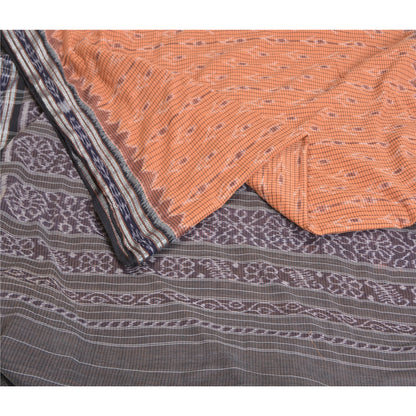 Sanskriti Vintage Saree Peach Odisha Hand Woven Ikat Blend Cotton Sari Sustainable Fabric