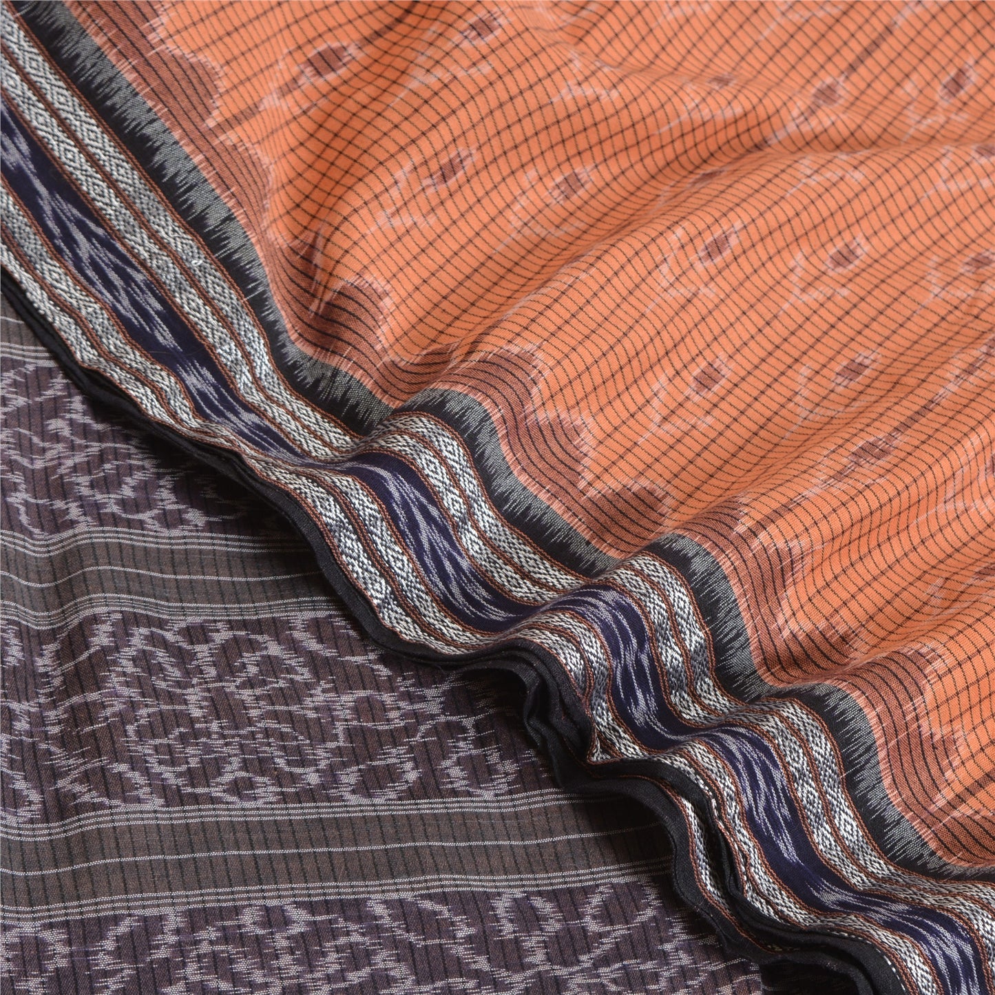 Sanskriti Vintage Saree Peach Odisha Hand Woven Ikat Blend Cotton Sari Sustainable Fabric