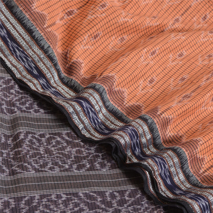 Sanskriti Vintage Saree Peach Odisha Hand Woven Ikat Blend Cotton Sari Sustainable Fabric