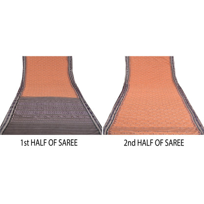 Sanskriti Vintage Saree Peach Odisha Hand Woven Ikat Blend Cotton Sari Sustainable Fabric