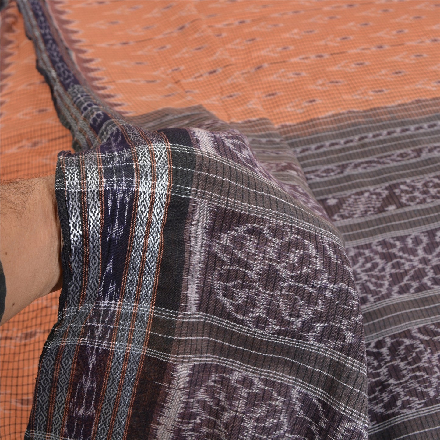 Sanskriti Vintage Saree Peach Odisha Hand Woven Ikat Blend Cotton Sari Sustainable Fabric