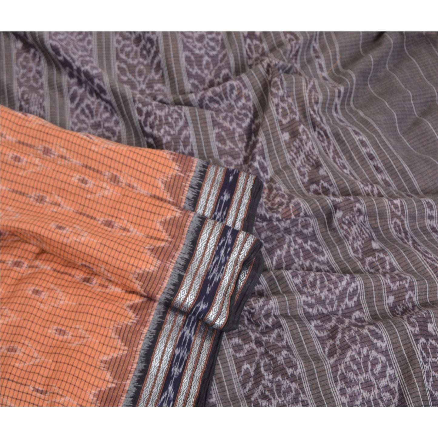 Sanskriti Vintage Saree Peach Odisha Hand Woven Ikat Blend Cotton Sari Sustainable Fabric